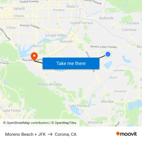 Moreno Beach + JFK to Corona, CA map