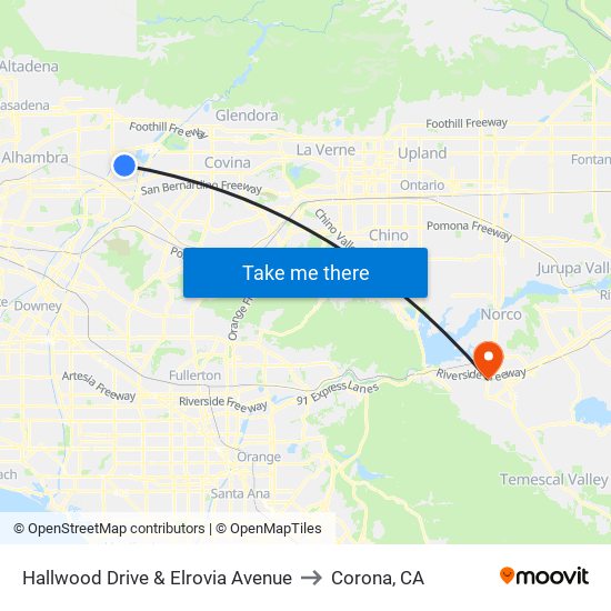 Hallwood Drive & Elrovia Avenue to Corona, CA map