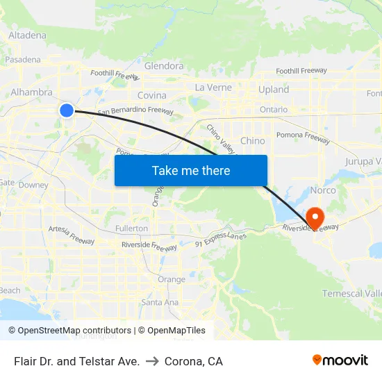 Flair Dr. and Telstar Ave. to Corona, CA map