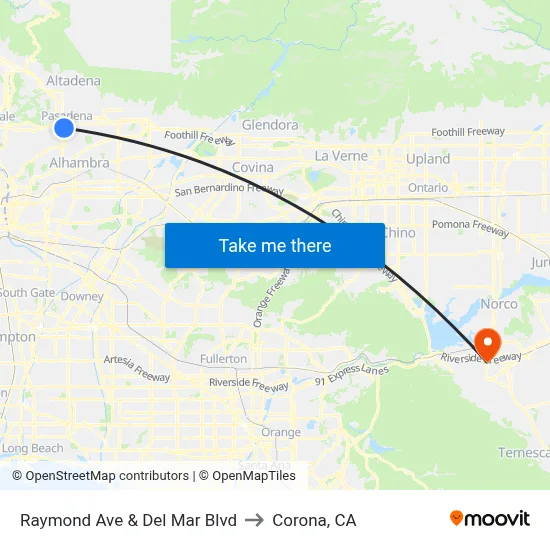 Raymond Ave & Del Mar Blvd to Corona, CA map