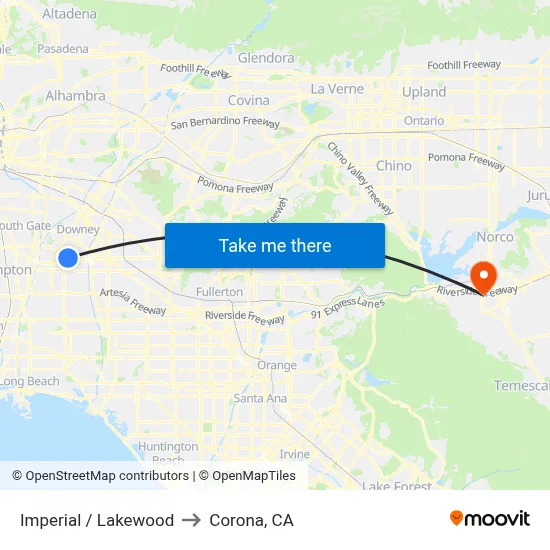 Imperial / Lakewood to Corona, CA map