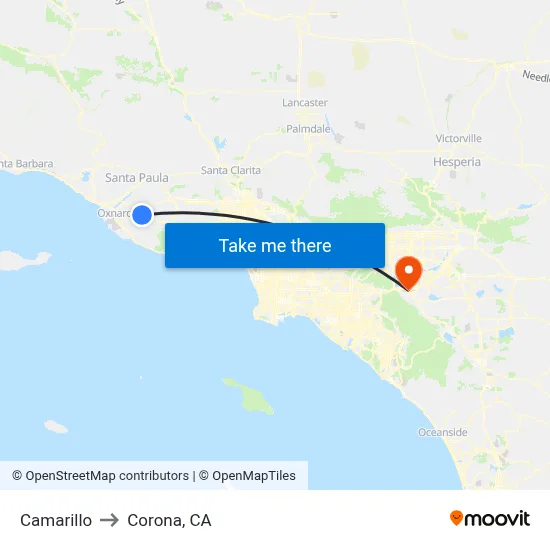 Camarillo to Corona, CA map