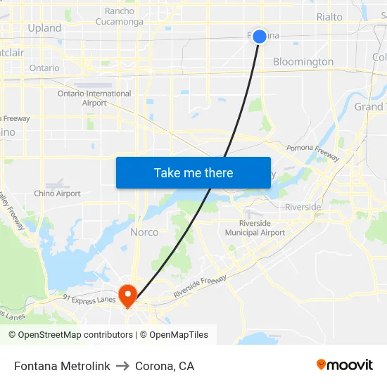 Fontana Metrolink to Corona, CA map