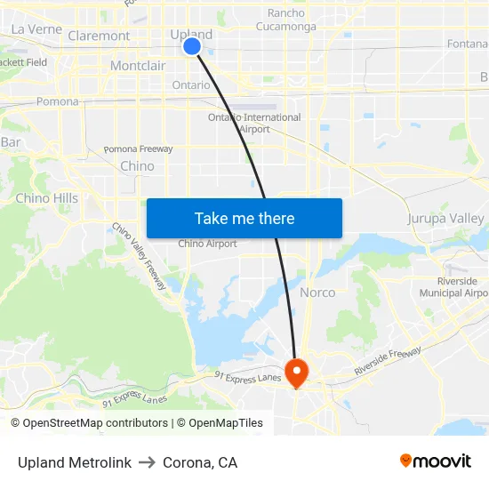 Upland Metrolink to Corona, CA map