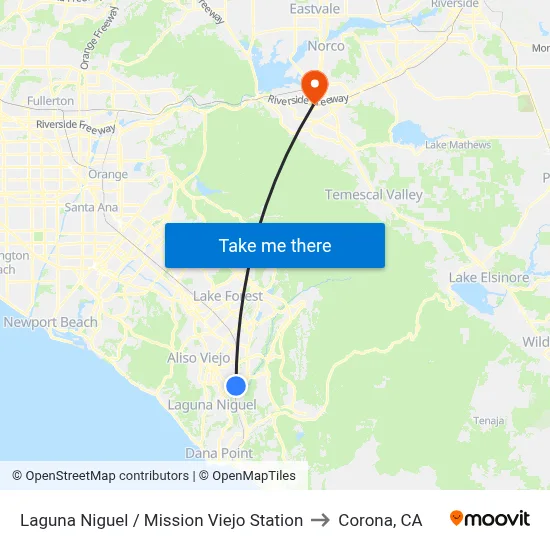 Laguna Niguel / Mission Viejo Station to Corona, CA map