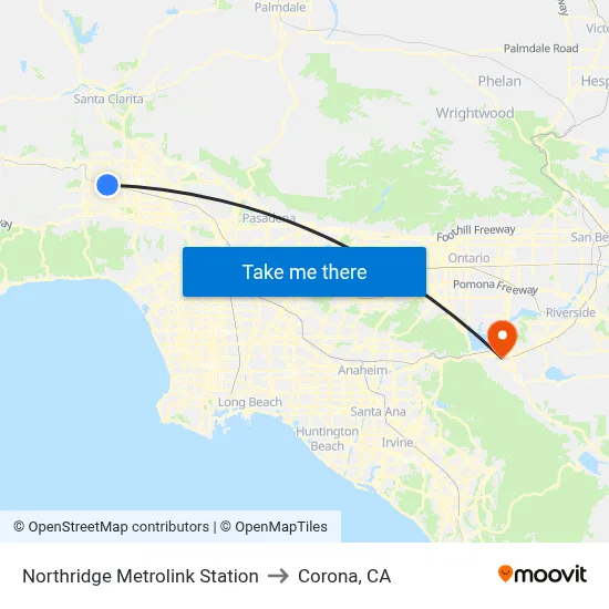Northridge Metrolink Station to Corona, CA map