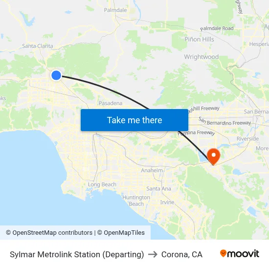 Sylmar Metrolink Station (Departing) to Corona, CA map
