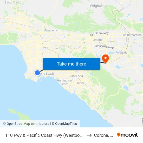 110 Fwy & Pacific Coast Hwy (Westbound) to Corona, CA map