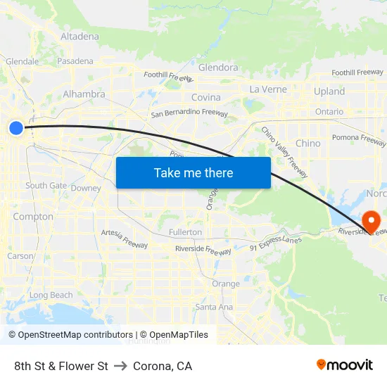 8th St & Flower St to Corona, CA map
