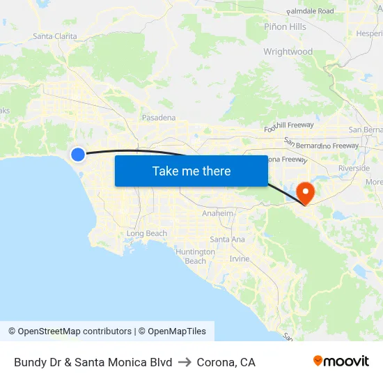 Bundy Dr & Santa Monica Blvd to Corona, CA map