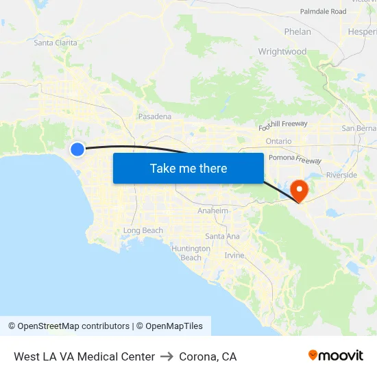 West LA VA Medical Center to Corona, CA map