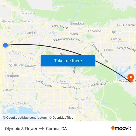 Olympic & Flower to Corona, CA map