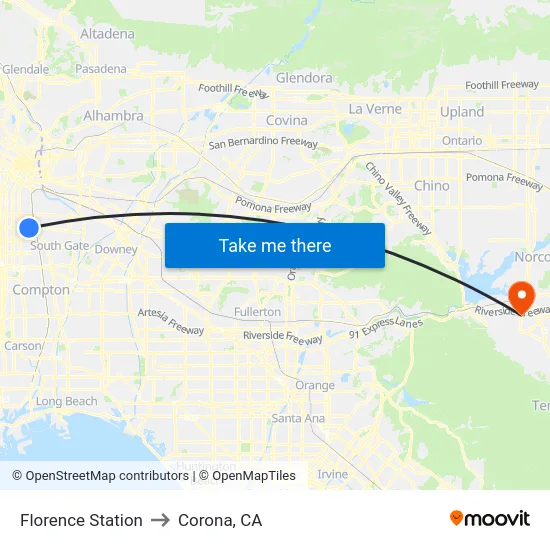Florence Station to Corona, CA map