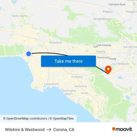 Wilshire & Westwood to Corona, CA map