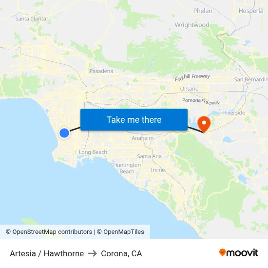 Artesia / Hawthorne to Corona, CA map