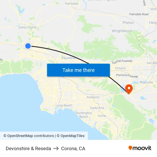 Devonshire & Reseda to Corona, CA map
