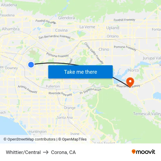 Whittier/Central to Corona, CA map