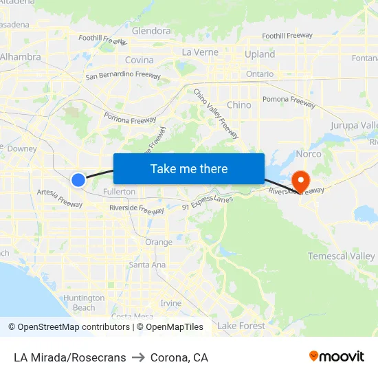 LA Mirada/Rosecrans to Corona, CA map