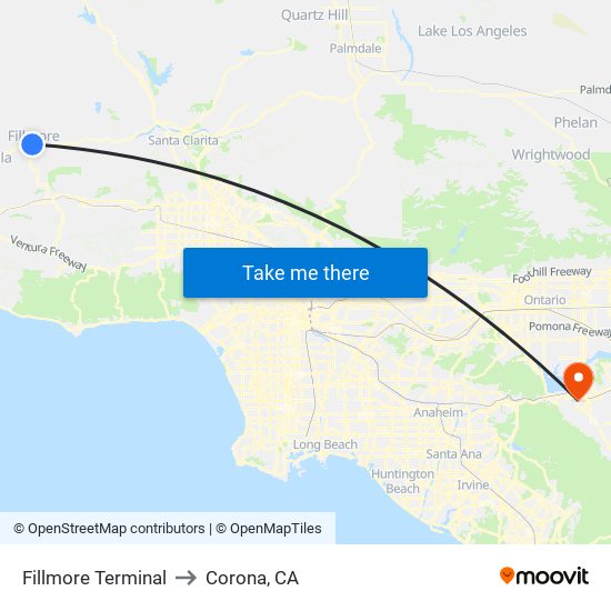 Fillmore Terminal to Corona, CA map