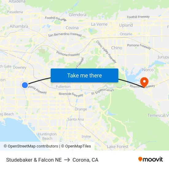 Studebaker & Falcon NE to Corona, CA map