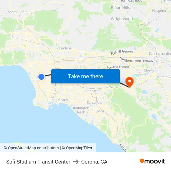 Sofi Stadium Transit Center to Corona, CA map