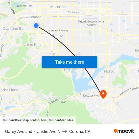 Garey Ave and Franklin Ave N to Corona, CA map