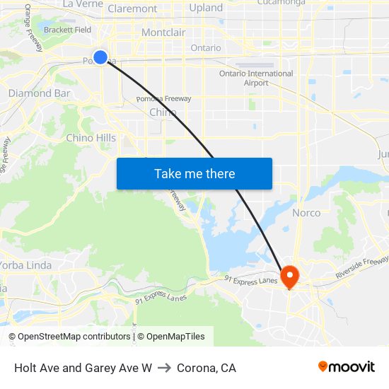 Holt Ave and Garey Ave W to Corona, CA map