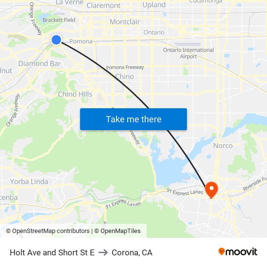 Holt Ave and Short St E to Corona, CA map