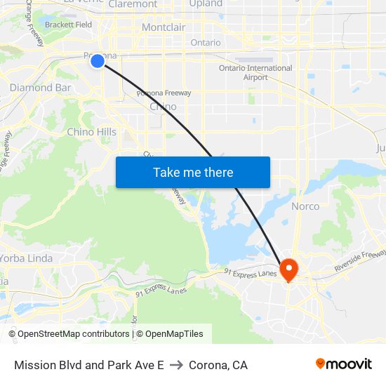 Mission Blvd and Park Ave E to Corona, CA map