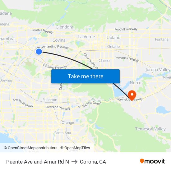 Puente Ave and Amar Rd N to Corona, CA map