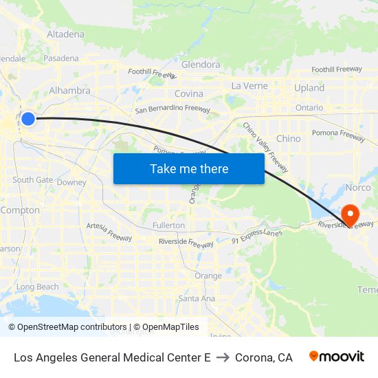 Los Angeles General Medical Center E to Corona, CA map