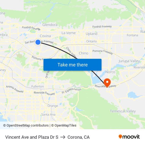 Vincent Ave and Plaza Dr S to Corona, CA map