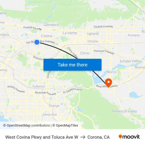 West Covina Pkwy and Toluca Ave W to Corona, CA map