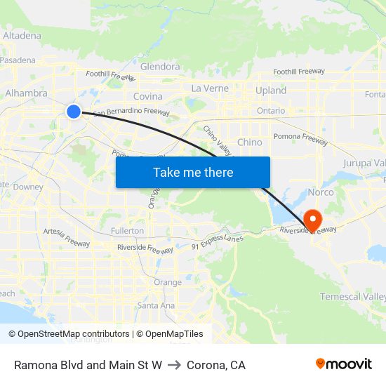 Ramona Blvd and Main St W to Corona, CA map