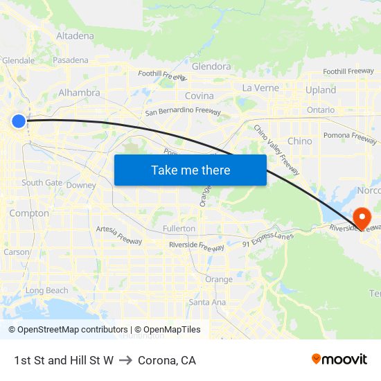 1st St and Hill St W to Corona, CA map