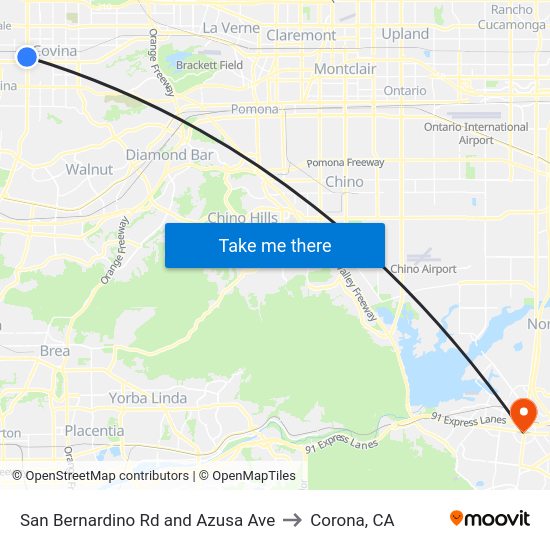 San Bernardino Rd and Azusa Ave to Corona, CA map