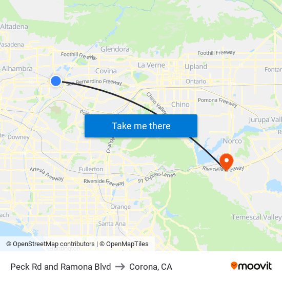 Peck Rd and Ramona Blvd to Corona, CA map