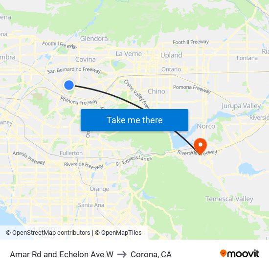 Amar Rd and Echelon Ave W to Corona, CA map