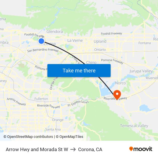 Arrow Hwy and Morada St W to Corona, CA map