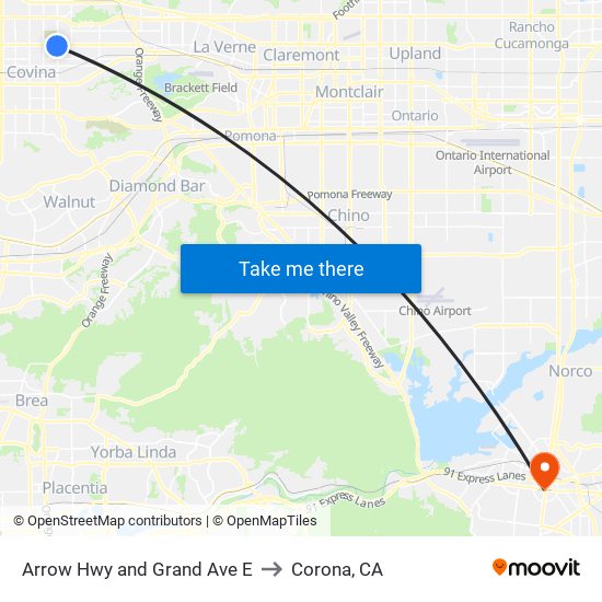 Arrow Hwy and Grand Ave E to Corona, CA map