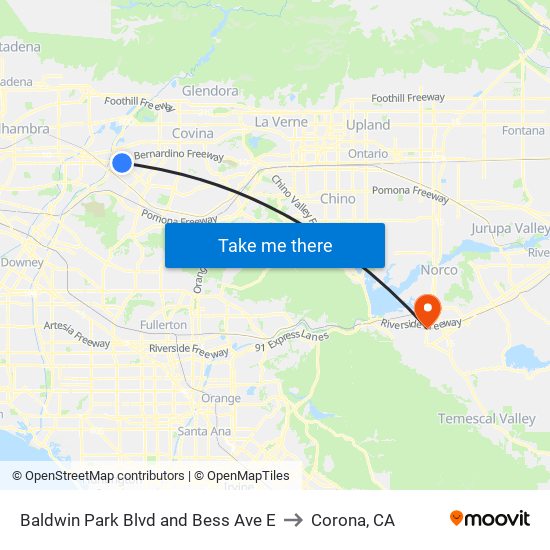 Baldwin Park Blvd and Bess Ave E to Corona, CA map