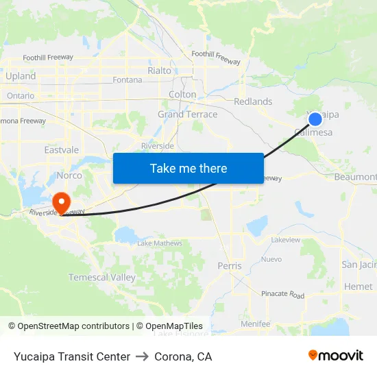 Yucaipa Transit Center to Corona, CA map