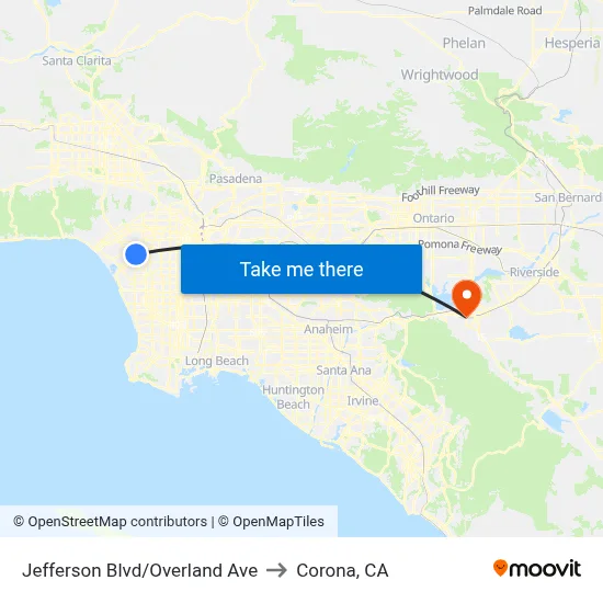 Jefferson Blvd/Overland Ave to Corona, CA map