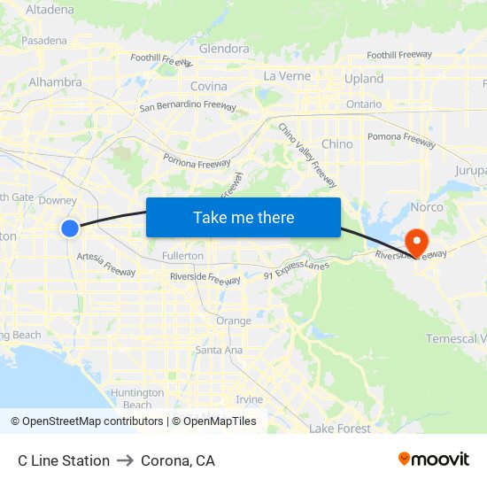 C Line Station to Corona, CA map
