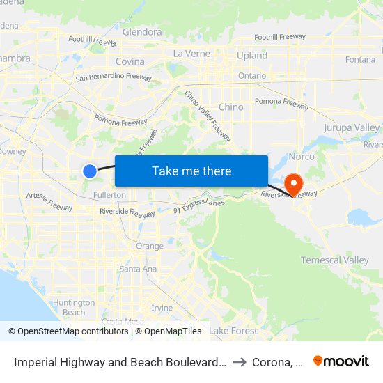 Imperial Highway and Beach Boulevard- N/ to Corona, CA map