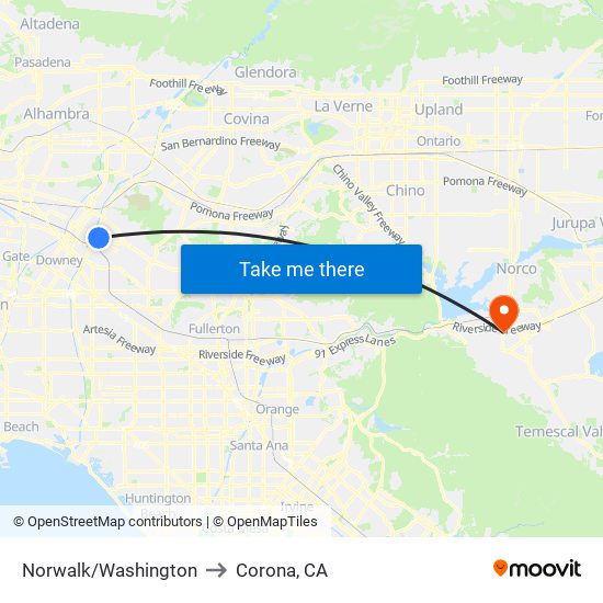 Norwalk/Washington to Corona, CA map