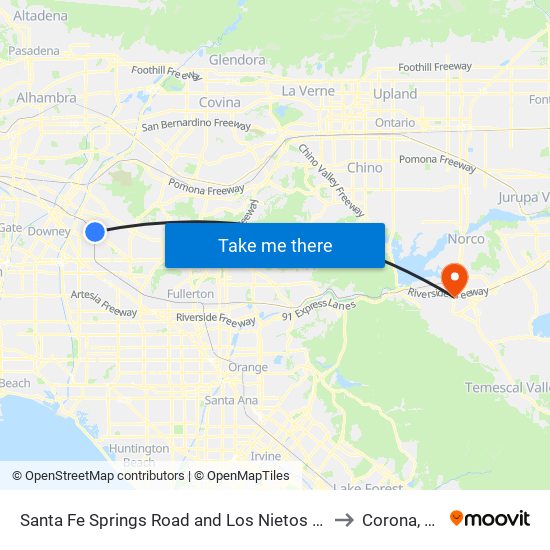 Santa Fe Springs Road and Los Nietos Roa to Corona, CA map