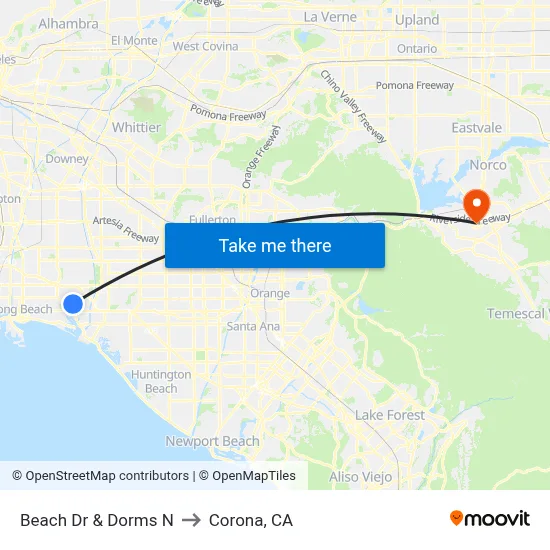 Beach Dr & Dorms N to Corona, CA map