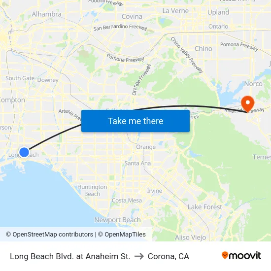 Long Beach Blvd. at Anaheim St. to Corona, CA map