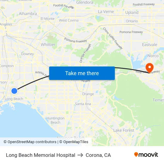Long Beach Memorial Hospital to Corona, CA map